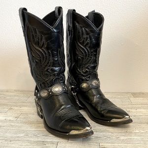 CUSTOM BLACK VEGAN LEATHER BOOTS  WITH METAL ACCENTS - WOMEN’S 7